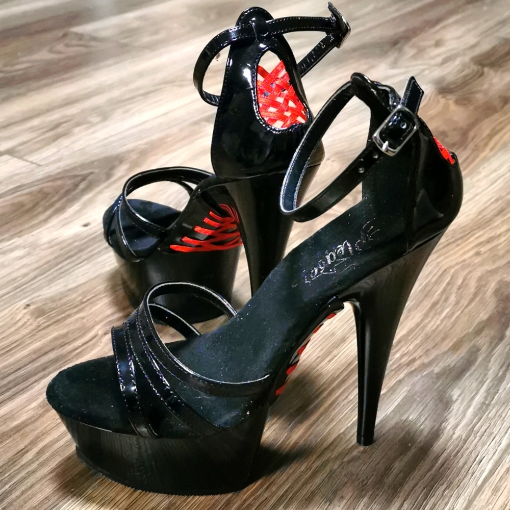 Pleaser Delight 662 Black Patent Platform 6" Stilettos with Red Corset Lacing